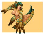 animal_ears animal_tail big_breasts breasts claws digitigrade eyelashes featureless_breasts featureless_crotch female green_body green_claws green_eyes green_hair green_scales green_stripes hair nude open_mouth orange_background pupils scales sharp_teeth simple_background slit_pupils solo stripes tan_body tan_scales teeth thick_thighs white_background wide_hips winged_arms wings yellow_body yellow_scales zoo5469 capcom monster_hunter animal_humanoid flying_wyvern humanoid scalie scalie_humanoid tigrex winged_humanoid hi_res