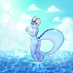 anthro anthrofied big_tail black_eyes black_sclera blue_body breasts butt caustics cloud depth_of_field detailed_background droplets eyelashes female fin glistening glistening_body lens_flare looking_at_viewer looking_back nude partially_submerged pokemorph pupils raised_hips rear_view reflection sea seductive sky small_nose solo standing standing_in_water sun sunny tail water wave wet wet_body white_pupils lelol_fire nintendo pokemon canid eeveelution generation_1_pokemon mammal pokemon_(species) vaporeon 1:1 hi_res