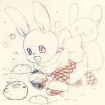 :3 anthro beady_eyes bow_(feature) bow_in_back bow_scarf clothing dress eyelashes female gloves handwear happy long_ears scary smile snow snowman solo winter young hiroka pixiv lagomorph leporid mammal rabbit 1:1 absurd_res hi_res sketch