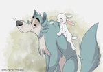 duo eyes_closed female feral feralized fur fur_tuft inner_ear_fluff larger_male male monotone_tail size_difference smaller_female tail tuft whiskers white_body white_ears white_fur white_tail meowmavi beastars haru_(beastars) legoshi_(beastars) canid canine canis domestic_rabbit dwarf_rabbit lagomorph leporid mammal netherland_dwarf_rabbit oryctolagus rabbit wolf 2020 absurd_res hi_res