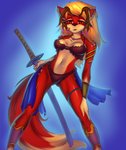 anthro breasts clothed clothing female horn melee_weapon solo sword weapon prisma6 canid canine mammal hi_res