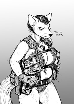 annoyed anthro belly big_belly big_breasts breasts cleavage clothed clothing deep_navel dog_tags female gun handgun holster holstered_pistol load_bearing_equipment looking_at_viewer musclegut muscular navel pistol ranged_weapon solo weapon hladilnik peggy_patterson canid canine fox mammal 2025 hi_res monochrome