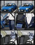 anthro bag bottomwear brown_eyes canid canine car clothing comic dialogue fox fur grey_body grey_fur hair hi_res inside_car male mammal pants shirt solo starrffax starrffax_(fox_sona) topwear vehicle