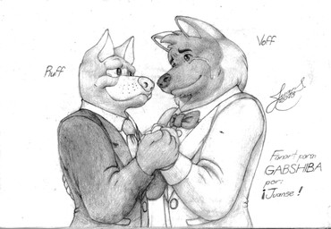 anthro duo male male/male anonymous_artist gab_(comic) ruff_bull voff_akita akita american_akita canid canine canis domestic_dog mammal pit_bull spitz greyscale hi_res monochrome