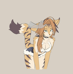 anthro bottomwear choker cleavage_cutout clothing cutout daisy_dukes denim denim_bottomwear denim_clothing denim_shorts dipstick_tail disembodied_hand female fur green_eyes headpat hotpants jewelry markings necklace orange_body orange_fur shorts striped_body striped_fur stripes tail tail_markings b333sss mihoyo zenless_zone_zero pulchra_fellini felid feline mammal thiren 2025 hi_res
