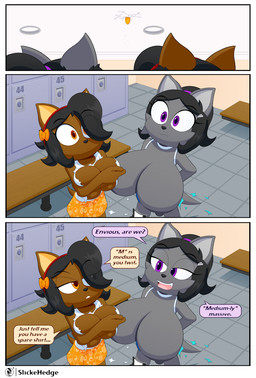 anthro areola big_breasts black_hair breasts brown_body button_(fastener) clothing covering covering_breasts duo female grey_areola grey_body grey_nipples hair huge_breasts locker_room loli nipples oppai_loli speech_bubble text topwear torn_clothing torn_topwear wardrobe_malfunction young young_anthro young_female slickehedge risque_(slickehedge) savahn_(slickehedge) canid canine canis mammal wolf comic english_text hi_res