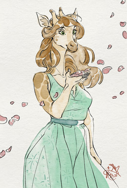anthro brown_body brown_fur brown_hair cherry_blossom clothed clothing dress female fingers flower fur green_eyes hair happy holding_petal hooved_fingers hooves horn long_neck markings ossicone petals plant prunus_(flower) smile solo spots spotted_markings standing sundress swaying_hair tan_body tan_fur wind durtyanko gracey_halvenka giraffe giraffid mammal hi_res