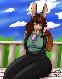 anthro bench beverage beverage_between_breasts biped black_bottomwear black_clothing black_pants bottomwear breasts brown_body brown_fur brown_hair bubble_tea cellphone cleavage clothed clothing cloud electronics female fur green_clothing green_shirt green_topwear hair long_ears long_hair outside pants phone plant purple_eyes shirt sitting sky smartphone smile solo suspenders tan_body tan_fur text topwear fallenfolf honey_(fsmaverick) lagomorph leporid mammal rabbit 2021 artist_name dated hi_res signature