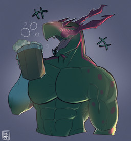 abs alcohol anthro beverage blush blush_lines bubble drunk drunk_bubble eyes_closed fangs green_body grey_background male muscular muscular_anthro muscular_male open_mouth pecs simple_background solo substance_intoxication teeth vein exsys nintendo pokemon pokemon_legends_arceus basculegion generation_8_pokemon pokemon_(species) hi_res