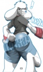 anthro big_butt blue_bottomwear blue_clothing blue_eyes bottomwear buckteeth butt clothing ears_down exclamation_point female frown fur grey_clothing grey_topwear hair looking_back pivoted_ears shirt shorts solo teeth tight_bottomwear tight_clothing topwear white_body white_fur white_hair wristband holimount lagomorph leporid mammal rabbit digital_media_(artwork) hi_res