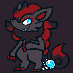 anthro arm_tuft black_body black_fur black_hair blue_eyes cheek_tuft chest_tuft chibi claws dailytricksterfox facial_tuft fluffy fur grey_body grey_fur hair highlights_(coloring) long_hair ponytail pupils red_claws red_hair red_inner_ear shoulder_tuft slit_pupils smile solo toe_claws tuft nintendo pokemon generation_5_pokemon pokemon_(species) zoroark 1:1