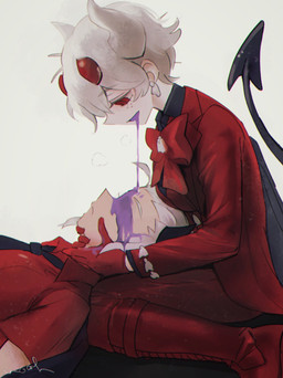 anthro bodily_fluids clothed clothed_anthro clothed_female clothing duo female gloves handwear horn necktie not_furry side_view spade_tail tail vomit vomiting noaharbre helltaker beelzebub_(helltaker) justice_(helltaker) demon demon_humanoid humanoid digital_drawing_(artwork) digital_media_(artwork) hi_res