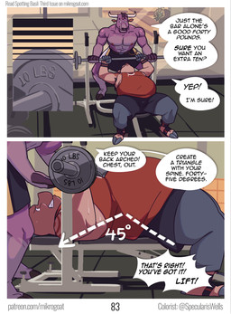 anthro arched_back barbell barefoot bodily_fluids bottomwear brown_hair clenched_teeth clothed clothed_anthro clothed_male clothing cloven_hooves dialogue duo exercise feet fur grey_body grey_fur hair hooves horn humor lying male muscular muscular_anthro muscular_male on_back overweight overweight_anthro overweight_male pink_body pink_skin shirt shorts speech_bubble sweat tank_top teeth text topless topless_anthro topless_male topwear weightlifting workout mikrogoat basil_(mikrogoat) perry_(mikrogoat) bovid bovine cattle domestic_pig mammal suid suine sus_(pig) comic english_text hi_res url nonbinary_(lore)