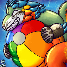 anthro ball beach_ball blue_body eyes_closed green_body grey_body holding_object inflatable male pool_toy pool_toy_with_face red_body smile solo teeth water yellow_body spec_shifter alexian dinosaur dromaeosaurid prehistoric_species reptile saurischian scalie theropod 2026 absurd_res digital_drawing_(artwork) digital_media_(artwork) hi_res