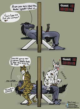 animal_genitalia animal_penis anthro anthro_on_anthro anthro_penetrated anthro_penetrating anthro_penetrating_anthro bdsm bench bondage bondage_gear bondage_gear_only bondage_gloves bound breathing breeding_kink breeding_slave chain chain_necklace chained chained_collar clothing cuff_(restraint) dialogue dominant dominant_male equine_genitalia equine_penis footwear footwear_only gangbang genitals glory_hole group group_sex handwear jewelry looking_pleasured lying male male/male male_penetrated male_penetrating male_penetrating_male mostly_nude multiple_orgasms multiple_rounds necklace nipples on_back on_bench on_bottom on_top open_mouth orgasm overstimulation penetration penis restraints reverse_cowgirl_position reverse_gangbang scoreboard service_slave service_top sex simple_background socks socks_only speech_bubble submissive submissive_male text through_wall tongue tongue_out malwarewolf404 nike fritz_(malwarewolf404) jackson_(malwarewolf404) lynch_(malwarewolf404) canid canine canis dalmatian domestic_dog equid equine felid great_dane horse mammal mastiff molosser pantherine tiger absurd_res comic english_text hi_res