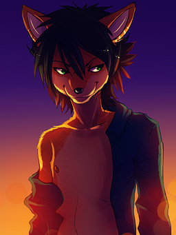 anthro backlighting black_hair black_nose clothed clothing front_view fur gradient_background green_eyes hair lens_flare light looking_aside male nipples open_clothing open_shirt open_topwear orange_body orange_fur partially_clothed shirt short_hair simple_background smile solo sunset topwear unknown_artist 3:4 half-length_portrait lighting portrait