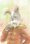 anthro black_nose blush clothing elderly eyes_closed eyewear fur glasses long_ears male mature_anthro mature_male shoulder_pads simple_background solo teeth uniform white_body white_fur s_mino930 nintendo star_fox peppy_hare hare lagomorph leporid mammal 2014 digital_media_(artwork)