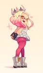 boots butt clothed clothing crown female footwear hands_behind_back headgear heart_symbol leggings legwear looking_at_viewer looking_back open_mouth open_smile pseudo_hair rear_view simple_background smile solo tentacle_hair tentacles upskirt onimiere nintendo splatoon pearl_(splatoon) cephalopod humanoid inkling marine mollusk absurd_res hi_res