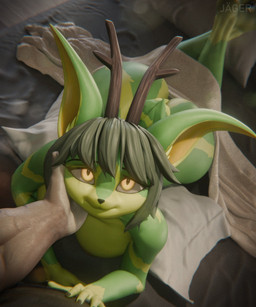 5_fingers anthro antlers bed bedding big_butt black_nose blanket breasts butt duo female fingers first_person_view fur furniture green_body green_fur green_hair hair hand_on_face horn long_ears looking_at_viewer lying male male/female nude on_front pillow scut_tail short_tail tail tan_body tan_skin yellow_eyes jaeger3d valorlynz_(modeler) natsu_(natsu_o3o) deer mammal new_world_deer 3d_(artwork) digital_media_(artwork) hi_res