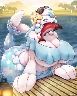 anthro belly big_breasts big_butt blue_hair breasts butt cleavage clothed clothing curvy_figure eyewear eyewear_on_head female feral fish_in_mouth hair lake leaning leaning_forward markings mermaid_tail multicolored_hair object_in_mouth partially_submerged pier pink_nose solo star_(marking) sunglasses sunglasses_on_head two_tone_hair under_boob voluptuous wearing_sunglasses whiskers white_body white_eyes white_hair white_skin larsspawn microsoft minecraft mojang nintendo pokemon xbox_game_studios aquatic fish generation_7_pokemon mammal pinniped pokemon_(species) primarina salmon salmonid_(fish) absurd_res hi_res