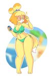 anthro beach beverage_can bikini breasts cleavage clothed clothing exclamation_point eyewear female glasses holding_object navel seaside simple_background solo swimwear tinted_glasses two-piece_swimsuit venky animal_crossing nintendo pepsi isabelle_(animal_crossing) canid canine canis domestic_dog mammal absurd_res hi_res