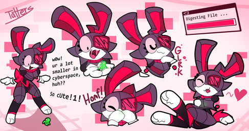 anthro bodily_fluids cheek_tuft countershading dialogue digestion digitigrade eyelashes facial_tuft female floating_hands fully_inside fur genitals grey_body grey_fur heart_symbol leetspeak long_ears looming_over micro mouth_shot no_pawpads one_eye_obstructed onomatopoeia open_mouth oral_vore polygonal_body progress_bar red_inner_ear red_vulva saliva short_tail sound_effects swallowing tail text tuft vore vulva white_body white_countershading white_paws window_(computing) tattersthebat ka-3x_(tattersthebat) digital_creature lagomorph leporid mammal rabbit absurd_res hi_res sequence