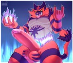 anthro balls biped black_body blue_eyes blue_fire border colored_fire erection fire front_view genitals humanoid_genitalia humanoid_penis male penis red_body solo tail tongue tongue_out white_border yellow_sclera orionsmaniac_(artist) nintendo pokemon varium_(character) generation_7_pokemon incineroar pokemon_(species) hi_res