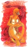 anthro barefoot beak biped breasts claws eyes_closed feathers feet female front_view kneeling nipples non-mammal_breasts non-mammal_nipples nude orange_body orange_feathers solo tail uaykan avian bird 2006