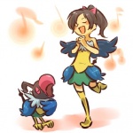 1:1 accessory ambiguous_gender avian beak bird black_hair bow_(feature) bow_accessory bow_ribbon chatot clothed clothing cosplay dress duo eyes_closed fake_tail fake_wings female fully_clothed generation_4_pokemon hair hair_accessory hair_bow hair_ribbon hands_together hitec human mammal musical_note nintendo note nude on_one_leg open_mouth pokemon pokemon_(species) pokemon_trainer ponytail ribbons simple_background singing standing toony white_background wings