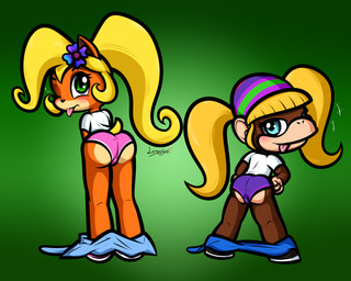 accessory anthro beanie blonde_hair blue_eyes blush bottomwear bottomwear_down brown_body brown_fur butt clothed clothing colored_edge_panties colored_edge_underwear duo female flower flower_in_hair footwear fur gradient_background green_background green_eyes hair hair_accessory hat headgear headwear mooning multicolored_body multicolored_fur one_eye_closed orange_body orange_fur overalls overalls_down panties pants pants_down partially_clothed pink_clothing pink_panties pink_underwear plant ponytail purple_clothing purple_panties purple_underwear shirt shoes short_tail simple_background t-shirt tail tan_body tan_fur taunting teasing tongue tongue_out topwear twintails_(hairstyle) underwear wink young young_anthro young_female lemontyne activision crash_bandicoot_(series) donkey_kong_(series) naughty_dog nintendo rareware sony_corporation sony_interactive_entertainment coco_bandicoot tiny_kong ape bandicoot haplorhine kong mammal marsupial primate 5:4 absurd_res hi_res