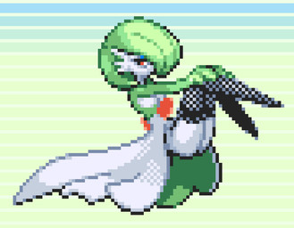 blue_eyeshadow breasts clothing eyeshadow female fishnet_clothing fishnet_legwear fishnet_thigh_highs green_hair hair legwear makeup medium_breasts not_furry red_eyes solo thigh_highs white_body saiwai_hiroshi nintendo pokemon gardevoir generation_3_pokemon humanoid mammal pokemon_(species) 2025 digital_media_(artwork) pixel_(artwork)