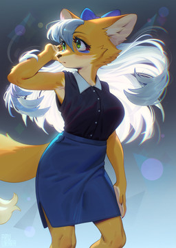 abstract_background anthro bottomwear bow_ribbon breasts clothing eyebrow_through_hair eyebrows female flowing_hair fur green_eyes hair inner_ear_fluff kemono looking_away multicolored_body multicolored_fur orange_body orange_fur skirt sleeveless_shirt solo translucent translucent_hair tuft two_tone_body two_tone_fur unsigned white_hair aruurara mitama_(aruurara) canid canine fox mammal 2023 absurd_res hi_res