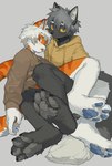 anthro biped black_body black_fur blue_eyes blue_pawpads claws clothed clothing countershade_face countershade_fur countershade_tail countershading duo eyebrows fingers fur hair hoodie kemono male orange_body orange_fur pawpads paws tail topwear white_hair milkybot hu_ku_li_(milkybot) domestic_cat felid feline felis mammal hi_res