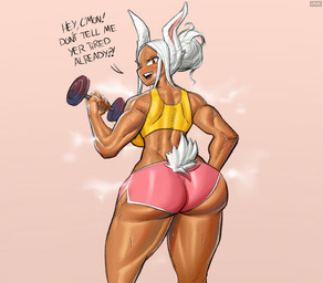 athletic_wear back_boob biceps big_breasts big_butt biped blush bodily_fluids bottomwear breasts butt clothed clothing crop_top dark_body dark_skin dolphin_shorts dumbbell exercise female hair hair_bun holding_dumbbell holding_object hotpants looking_at_viewer looking_back looking_back_at_viewer muscular muscular_female muscular_humanoid muscular_thighs musk open_mouth open_smile rear_view red_eyes scut_tail shirt short_tail shorts simple_background smile solo standing sweat sweaty_arms sweaty_legs sweaty_thighs tail talking_to_viewer tan_background teasing teeth thick_thighs topwear vein veiny_muscles weightlifting weights white_hair workout jvnkpvnk my_hero_academia rumi_usagiyama animal_humanoid humanoid lagomorph lagomorph_humanoid leporid_humanoid mammal mammal_humanoid rabbit_humanoid 2020 alternate_version_at_source digital_media_(artwork) hi_res portrait signature three-quarter_portrait