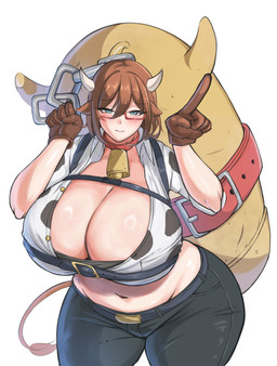 animal_print belly belt bent_over big_breasts blue_eyes blush bottomwear bovid_horn bovine_horn breasts brown_hair cleavage clothed clothing collar cow_ears cow_horn cow_print cowbell cowbell_collar denim denim_bottomwear denim_clothing embarrassed eyebrows eyewear female gesture glasses hair hand_gesture holding_object holding_weapon horn hucow huge_breasts hyper jeans midriff navel pants pointing pointing_at_viewer slightly_chubby slightly_chubby_female solo tail tail_tuft thick_thighs tuft weapon wide_hips minori_(artist) chanom_(minori) animal_humanoid bovid bovid_humanoid bovine bovine_humanoid cattle_humanoid humanoid mammal mammal_humanoid absurd_res hi_res