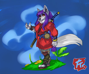 anthro asian_clothing assassin big_breasts breasts clothed clothing east_asian_clothing female hair huge_breasts japanese katana long_ears long_hair melee_weapon purple_hair red_eyes solo sword sword_on_back weapon weapon_on_back akadashi madam_tsubaki_(alphaleader) canid canine fennec_fox fox mammal true_fox