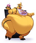 anthro bib bib_only cupcake female food machine obese overweight solo walking boot_(artist) five_nights_at_freddy's scottgames chica_(fnaf) cupcake_(fnaf) animatronic avian bird chicken galliform gallus_(genus) phasianid robot hi_res