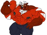 5_fingers abs alternate_species anthro antlers big_muscles big_pecs black_nipples body_hair bottomwear chest_hair clothed clothing eyewear fingers fist flexing fur glasses grin hand_on_hip horn huge_muscles hyper hyper_muscles looking_at_viewer male muscular muscular_anthro muscular_male nipple_piercing nipples pants pecs piercing red_body red_fur smile solo topless yellow_eyes fierglief fierglief_(character) cervine deer mammal 2018 absurd_res hi_res