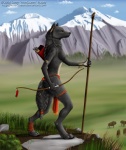 anthro arrow_(weapon) bottomwear bow_(weapon) braided_hair breasts clothed clothing detailed_fur female fur grass hair holding_object holding_weapon hunter loincloth melee_weapon mountain naturally_censored nipples outside photorealism plant polearm quiver_(object) ranged_weapon solo staff tail tattoo topless tribal weapon myenia mythology bison bovid bovine canid canine canis mammal mythological_canine mythological_creature werecanid werecanine werecreature werewolf wolf detailed