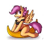 anthro anthrofied banana breasts clothing dithering feathered_wings feathers female food food_fetish fruit hair looking_at_viewer micro orange_body orange_feathers plant purple_eyes purple_hair simple_background smile solo suggestive suggestive_food white_background wings young tg-0 friendship_is_magic hasbro my_little_pony mythology scootaloo_(mlp) equid equine mammal mythological_creature mythological_equine pegasus digital_media_(artwork) low_res pixel_(artwork)