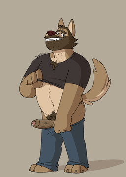 anthro balls barefoot beard black_clothing black_shirt black_topwear bodily_fluids body_hair bottomwear bottomwear_down brown_body brown_fur brown_hair burly butt_hair chest_hair chest_tuft claws clothed clothing clothing_lift erection facial_hair feet foreskin fur genital_fluids genitals grin hair happy_trail humanoid_genitalia humanoid_penis looking_at_viewer male male_anthro multicolored_body multicolored_fur navel neck_hair pants pants_down partially_clothed penis precum precum_bead presenting presenting_penis pubes sharp_teeth shirt shirt_lift simple_background smile solo standing tail tan_body tan_fur teeth topwear tuft two_tone_body two_tone_fur vein veiny_penis nardodraws canid canine canis mammal wolf 2026 hi_res signature