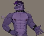 abs anthro barely_visible_genitalia bracelet collar genitals grey_background hair jewelry looking_at_viewer male muscular muscular_male nipples nude pecs purple_body purple_eyes purple_hair simple_background solo spiked_bracelet spiked_collar spikes mr_sharky hi_res