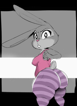 anthro big_butt black_border black_eyes border bottom_heavy bottomwear breasts buckteeth butt clothing female grey_background looking_at_viewer looking_back looking_back_at_viewer pattern_bottomwear pattern_clothing pink_clothing pink_nose pink_topwear purple_bottomwear purple_clothing shortstack simple_background small_breasts solo striped_bottomwear striped_clothing stripes teeth thick_thighs topwear white_background wide_hips estebon89 disney zootopia judy_hopps lagomorph leporid mammal rabbit hi_res