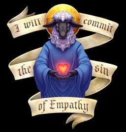 ambiguous_gender anthro black_background black_body black_fur blue_clothing blue_robe clothing floating_heart fur glowing_heart halo heart_symbol holding_heart holding_object religion religious_clothing religious_themes robe simple_background solo text white_body white_fur yellow_eyes max_morkson bovid caprine mammal sheep 2025 colored digital_drawing_(artwork) digital_media_(artwork) english_text hi_res portrait shaded signature