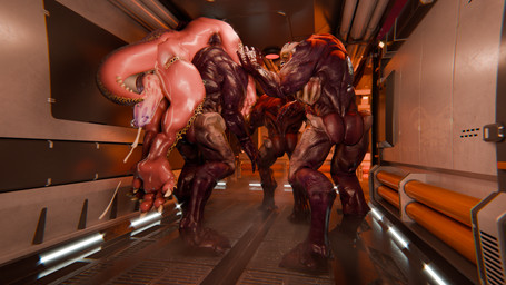 back_towards_viewer carrying_another dripping_penis erection genital_piercing genitals hallway penis penis_piercing piercing tongue tongue_out xenomaker_(artist) voxel_voidd_(contributor) xenomaker_(modeler) capcom doom_(series) id_software microsoft monster_hunter anjanath brute_wyvern demon hell_knight 2026 absurd_res blender_(artwork) blender_cycles_(artwork) digital_media_(artwork) hi_res