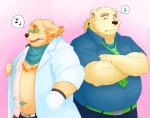 anthro belly blush bottomwear clothed clothing duo eyewear fur glasses humanoid_hands male necktie open_clothing open_shirt open_topwear overweight overweight_male pants shirt simple_background smoking topwear yellow_body yellow_fur kumadasi kumaura721 lifewonders tokyo_afterschool_summoners cu_sith_(tas) leib_(tas) bear canid canine canis domestic_dog mammal polar_bear ursine 2018 hi_res