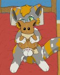 3_fingers 3_toes animal_genitalia animal_penis balls bed bedroom blush bodily_fluids collar collar_only cum cum_in_plushie cum_inside cum_stain detailed_background ear_blush ejaculation eyewear feet feline_genitalia feline_penis feral fingers fur furniture genital_fluids genitals glasses green_eyes grey_body grey_fur holding_object holding_plushie lying male masturbation nose_blush nude on_back on_bed one_eye_closed orange_body orange_fur penetrable_sex_toy penis plushie plushophilia sex_toy solo stitch_(sewing) tail toes wearing_glasses whiskers white_body white_fur cookid nintendo pokemon slinky_(cookid) calico_cat dilute_calico domestic_cat eevee felid feline felis generation_1_pokemon mammal pokemon_(species) shaded