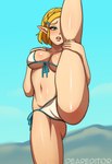 big_breasts bikini blonde_hair blush breasts camel_toe clothing female green_eyes hair humanoid_pointy_ears looking_at_viewer navel not_furry pointy_ears raised_leg solo swimwear two-piece_swimsuit deareditor breath_of_the_wild nintendo the_legend_of_zelda princess_zelda humanoid hylian 2023 hi_res