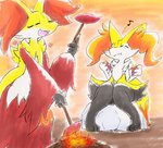 2020 3_fingers ambiguous_gender anthro arm_tuft baked_goods baked_potato big_ears black_body black_fur braixen canid canine cheek_tuft chest_tuft claws closed_smile cooking delphox duo eating eating_food eiroru elemental_manipulation eyes_closed facial_tuft fingers fire fire_manipulation fluffy fluffy_tail food fur furniture generation_6_pokemon hi_res hip_tuft holding_food holding_object inner_ear_fluff long_tail mammal mouth_closed multicolored_body multicolored_fur multicolored_tail musical_note narrowed_eyes nintendo nude open_mouth open_smile orange_body orange_fur pink_tongue plant pokemon pokemon_(species) portrait potato red_body red_eyes red_fur ribbons rock seat semi-anthro shoulder_tuft side_view simple_background sitting smile solo standing stick tail tongue traditional_media_(artwork) tuft vegetable white_body white_fur yellow_body yellow_fur