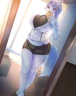 anthro barefoot belly belly_folds belly_rolls big_breasts biped blue_eyes blush bottomwear breasts clothed clothing electronics feet female fluffy fluffy_tail fur grey_hair hair hand_on_hip holding_object inside jacket kemono mirror navel open_mouth phone ponytail pose selfie shorts solo tail tight_clothing topwear white_body white_fur tetto canid canine canis domestic_dog mammal 2019 4:5 hi_res